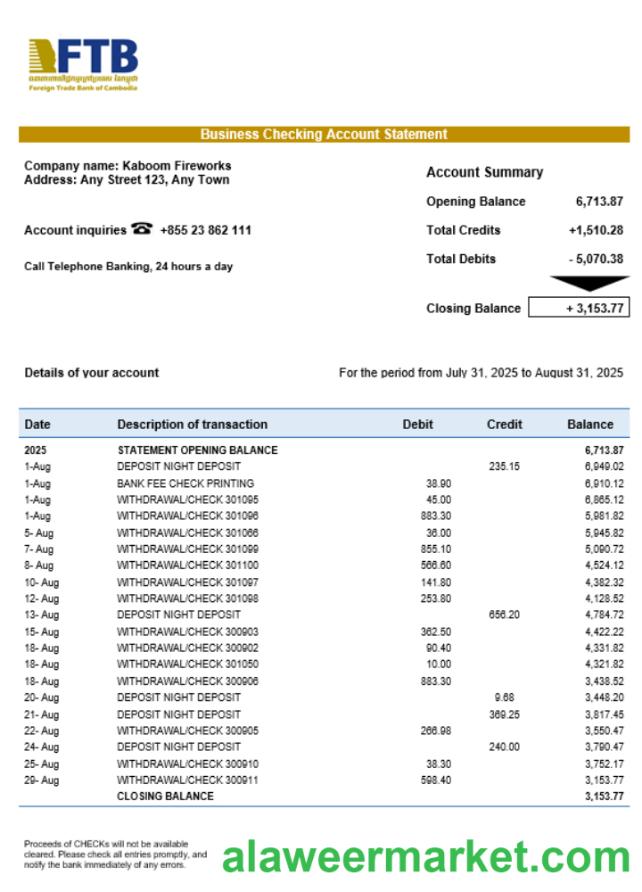Foreign Trade Bank of Cambodian business bank statement Word and PDF format
